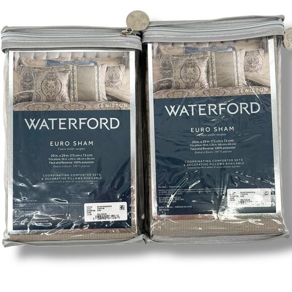 Waterford Lewiston Textured Euro Pillow Sham Lot Of Two 26" Square Beige Blue - Picture 4 of 6